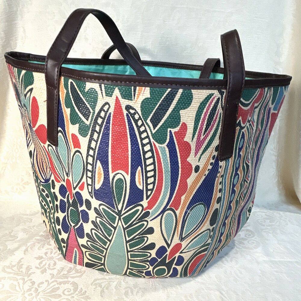 Neiman Marcus Boho Canvas Straw Tote Bag Multicolor Large Shoulder Purse